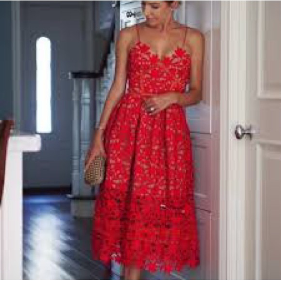 Self-Portrait Women’s Red Azaelea Fit & Flare Lace Midi Dress Size UK 10 US 6 - Picture 2 of 16